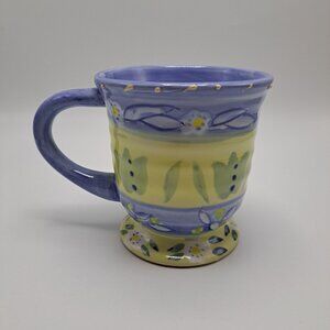 Les Fleurs Coffee Mug Cup Hand Painted Floral Yellow Blue 20 Oz